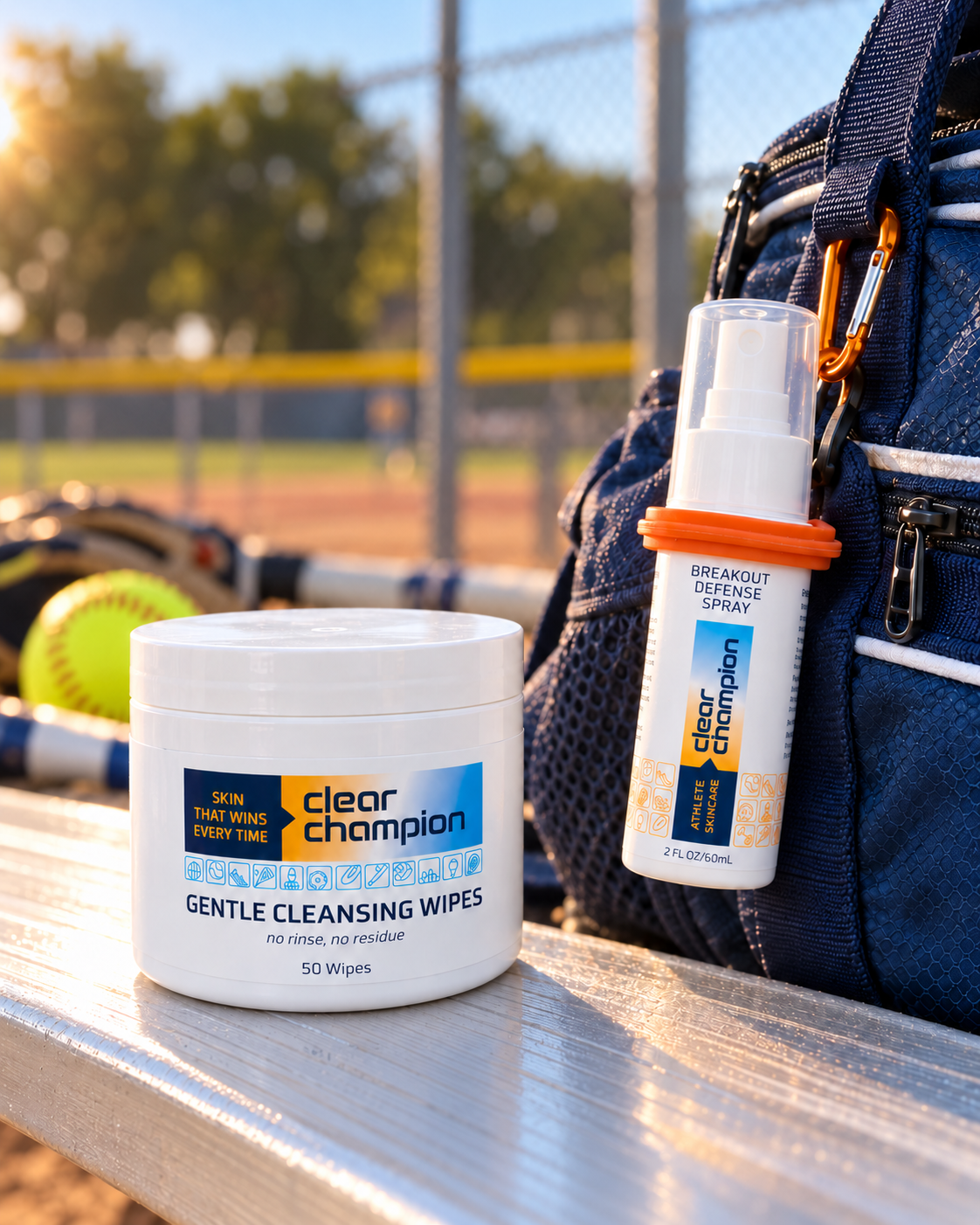 Game Day Routine: Gentle Cleansing Wipes and Breakout Defense Spray with a bag clip