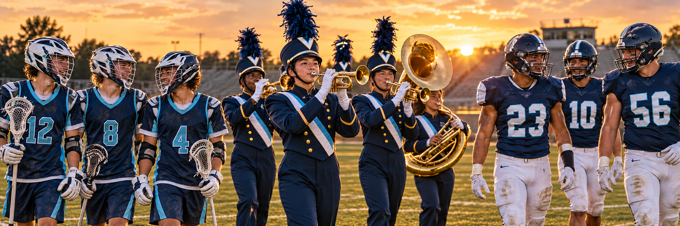 High school boys lacrosse players wearing helmets and pads, marching band members in plumed hats playing trumpets and tuba, and football players at golden hour